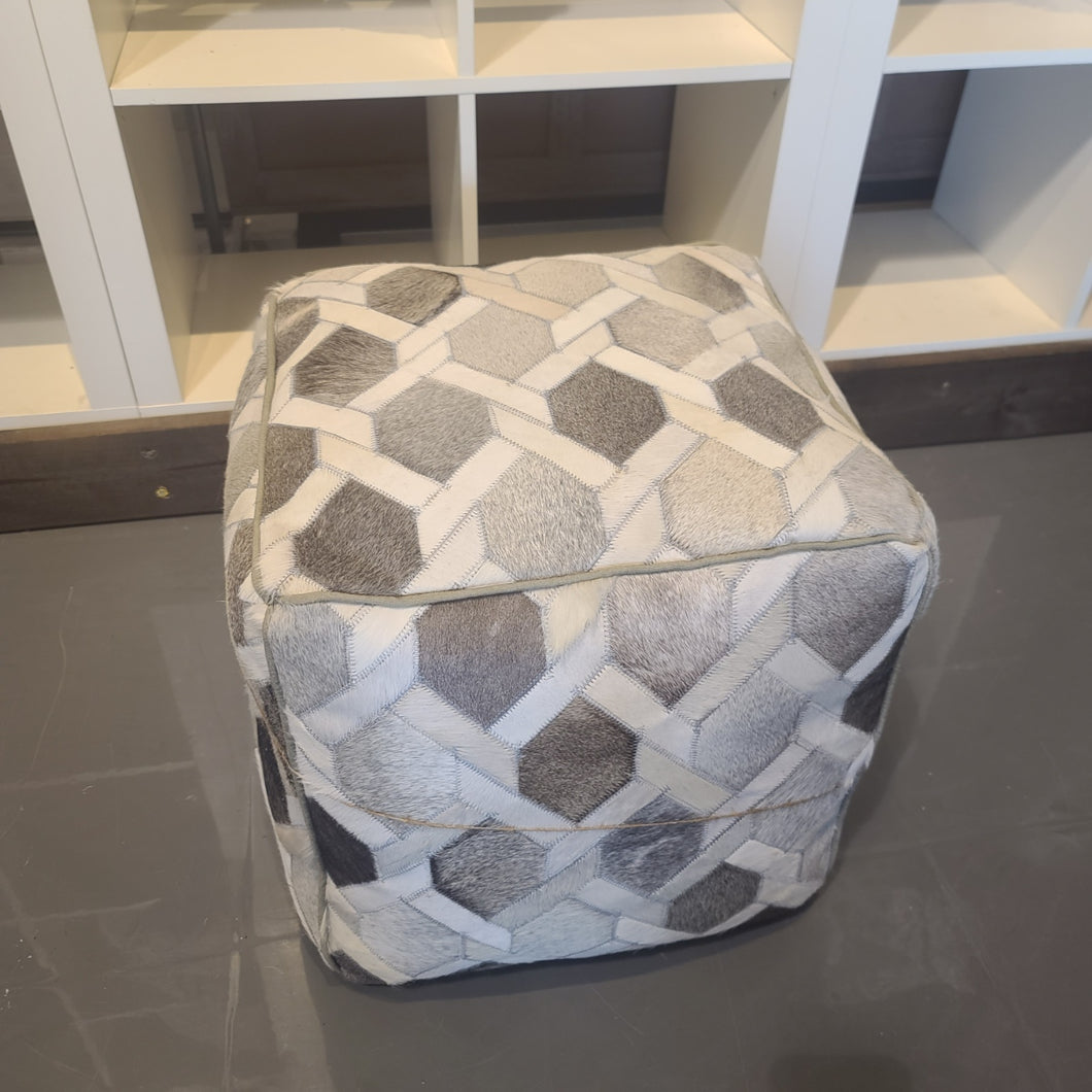 Silver/White Genuine Leather Cube pouf
