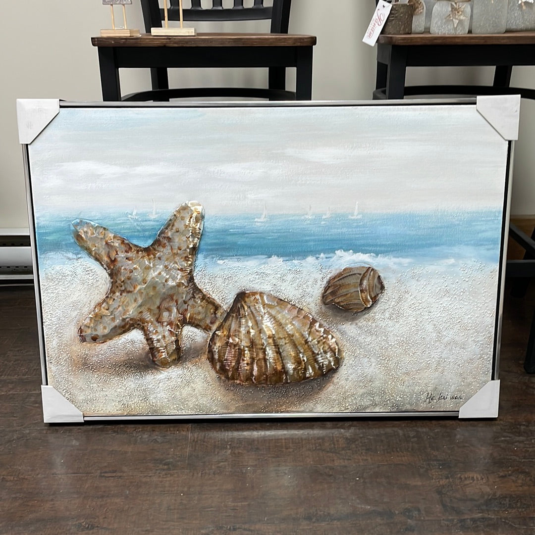 3D Black framed seashells on beach painting