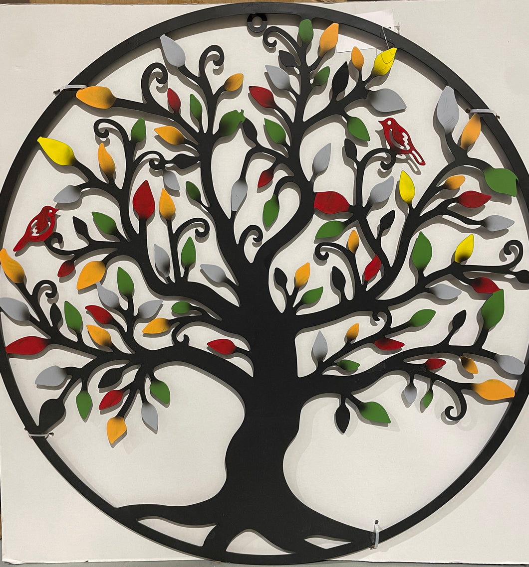 Fall Tree of Life Circle birds and leaves - Metal Wall Art