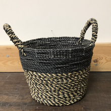 Load image into Gallery viewer, Navy Blue Handwoven Seagrass &amp; Raffia Storage Baskets with handles
