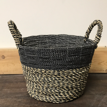 Load image into Gallery viewer, Navy Blue Handwoven Seagrass &amp; Raffia Storage Baskets with handles
