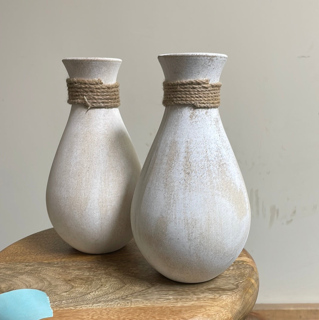 Wooden distressed vase with jute accents
