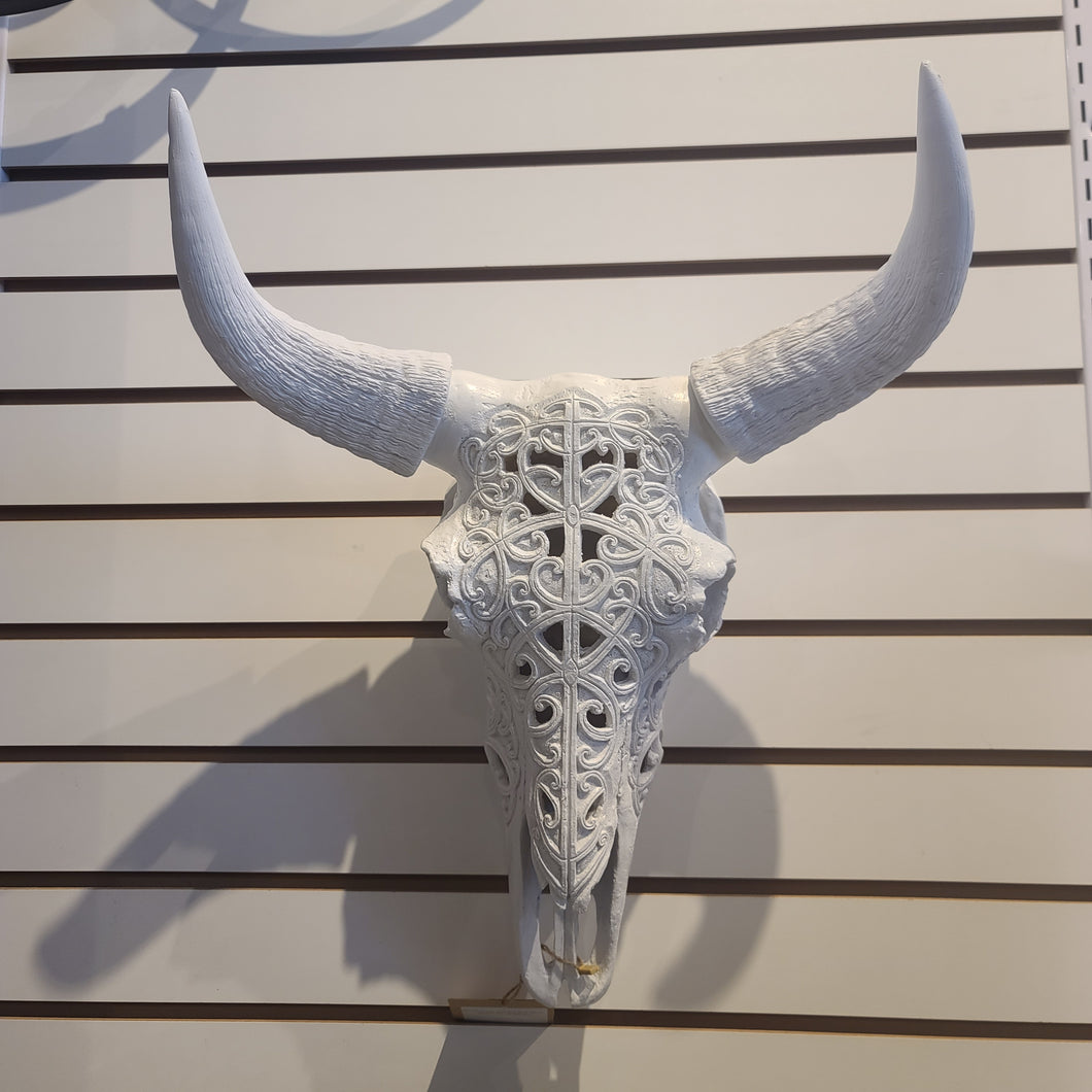 White Tribal Carved Bull Skull