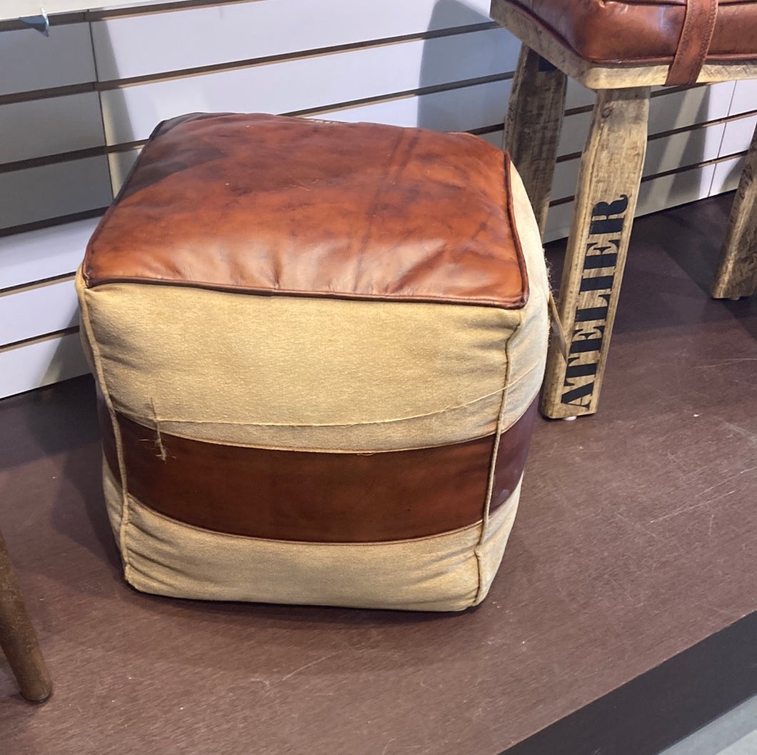 Square leather and canvas pouf