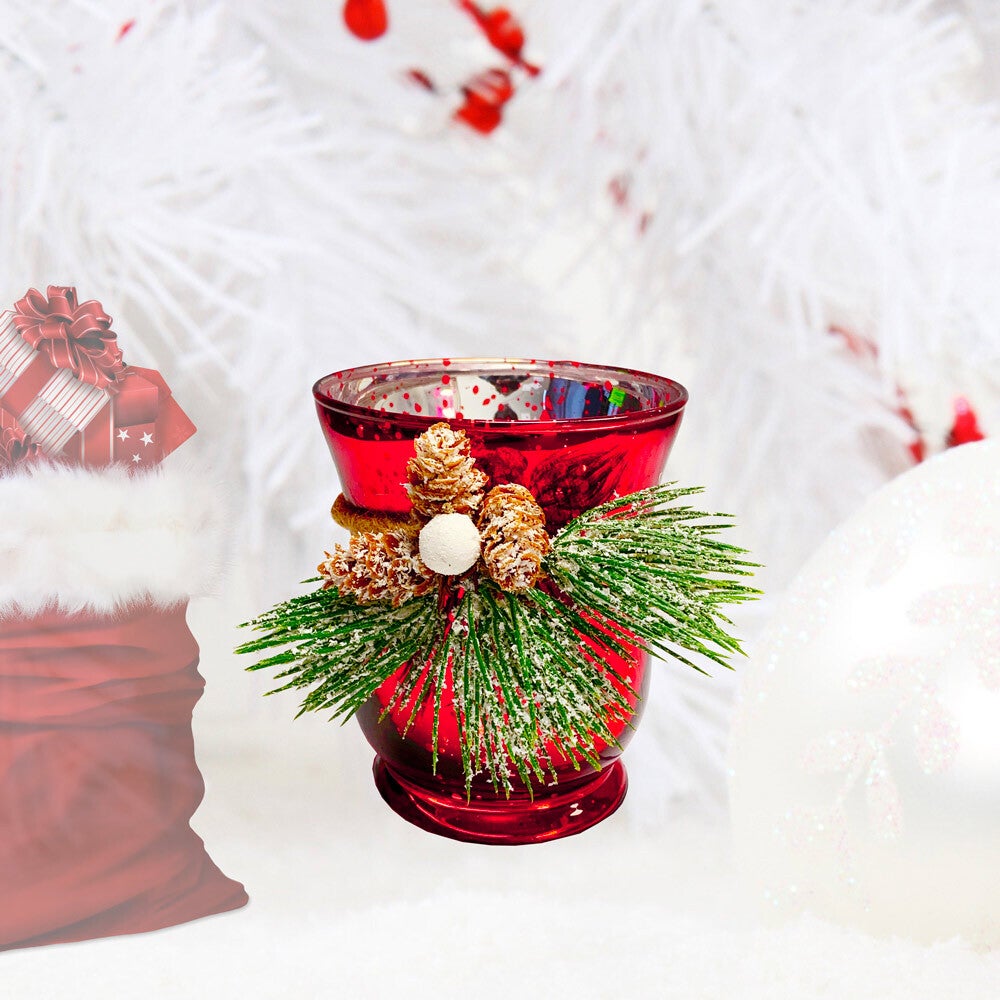 Small Red Metallic Glass Candle Holder With Pinecone
