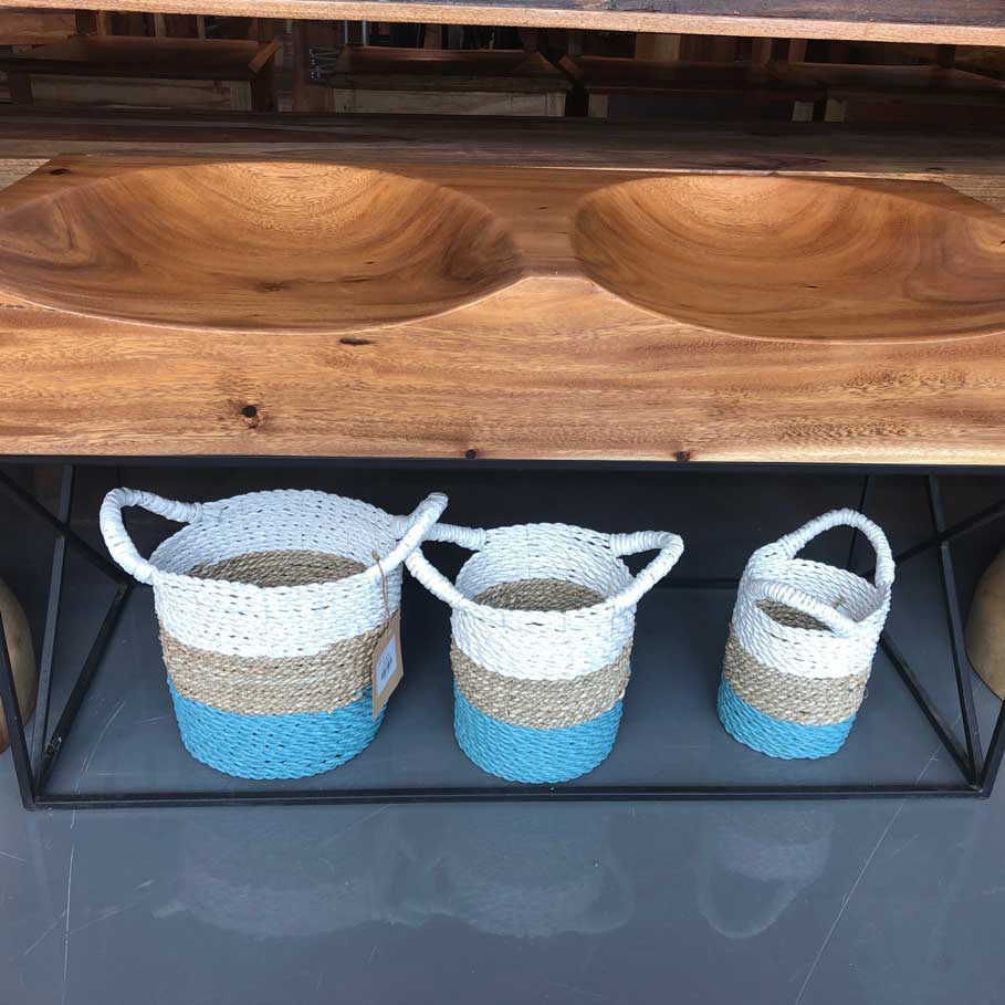 Tri colour seagrass and raffia baskets